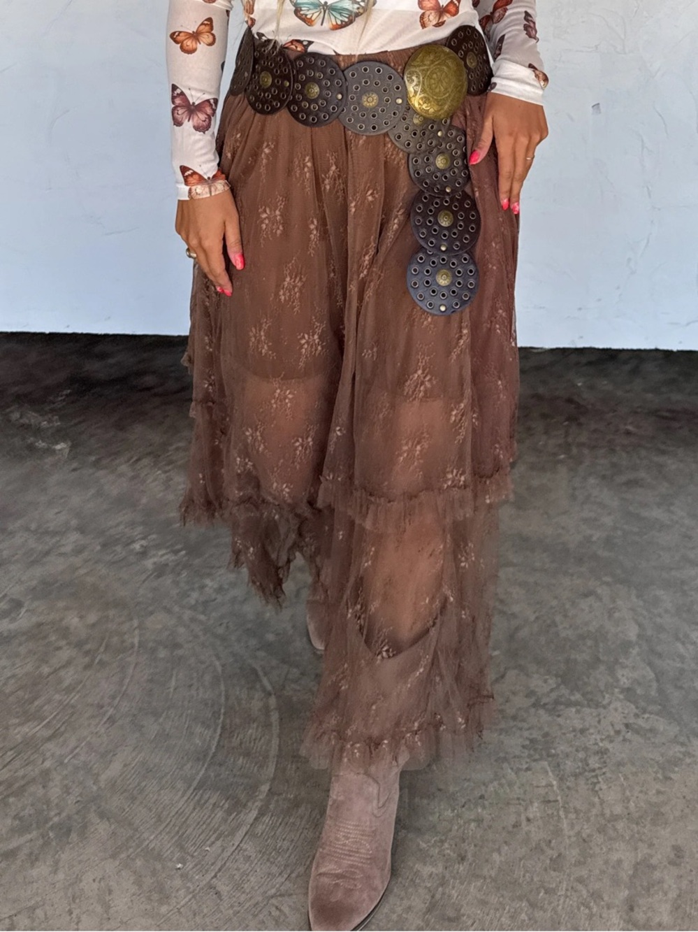 BS12-(💛/🤎BROWN ETA 9/7) BLOOMING MAXI SKIRT floral LACE with liner